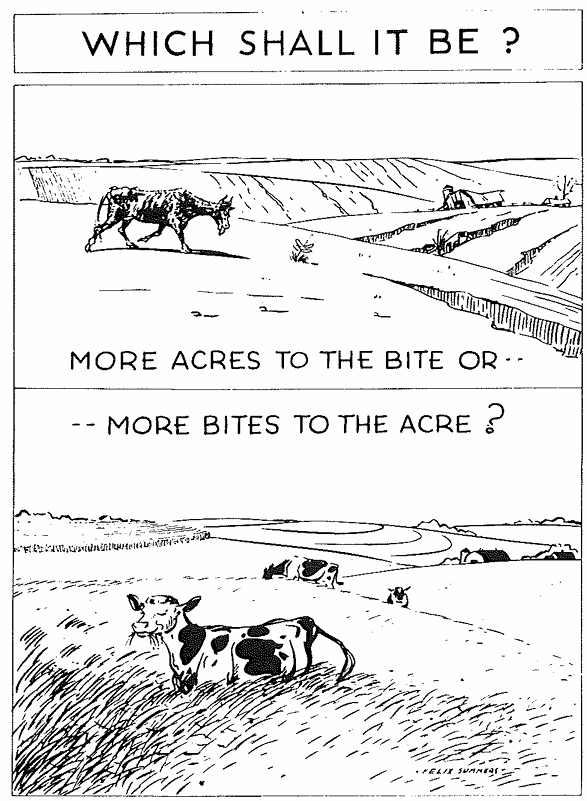 Vintage cartoon of cattle asking 'Which shall it be? More acres to the bite, or more bites to the acre?'