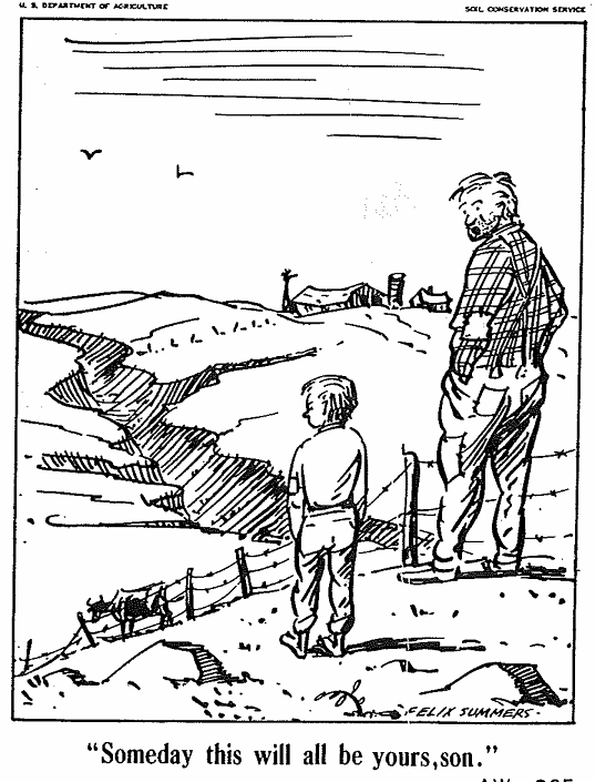 Vintage illustration of a father and son looking out over the land, captioned 'Someday this will all be yours, son'